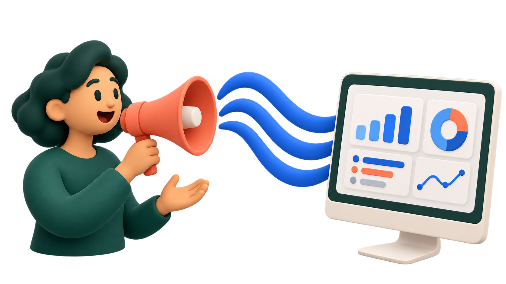 A customer speaking into a megaphone sends insights to a dashboard